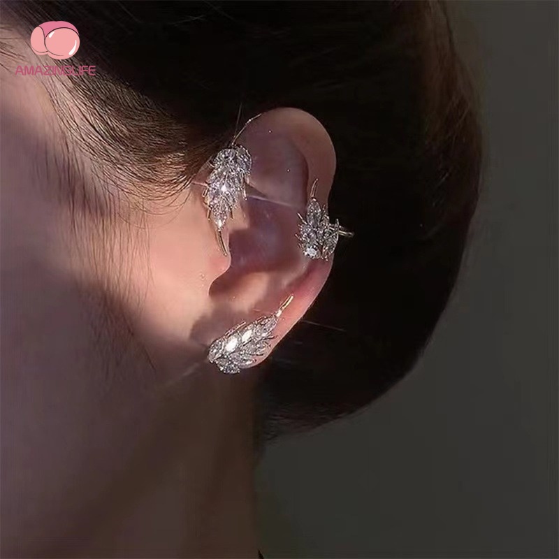 Khuyên Kẹp Vành Tai Hình Lông Vũ Đính Đá Zircon Bằng Hợp Kim Không Xỏ Lỗ Phong Cách Hàn Quốc Dành Cho Nữ