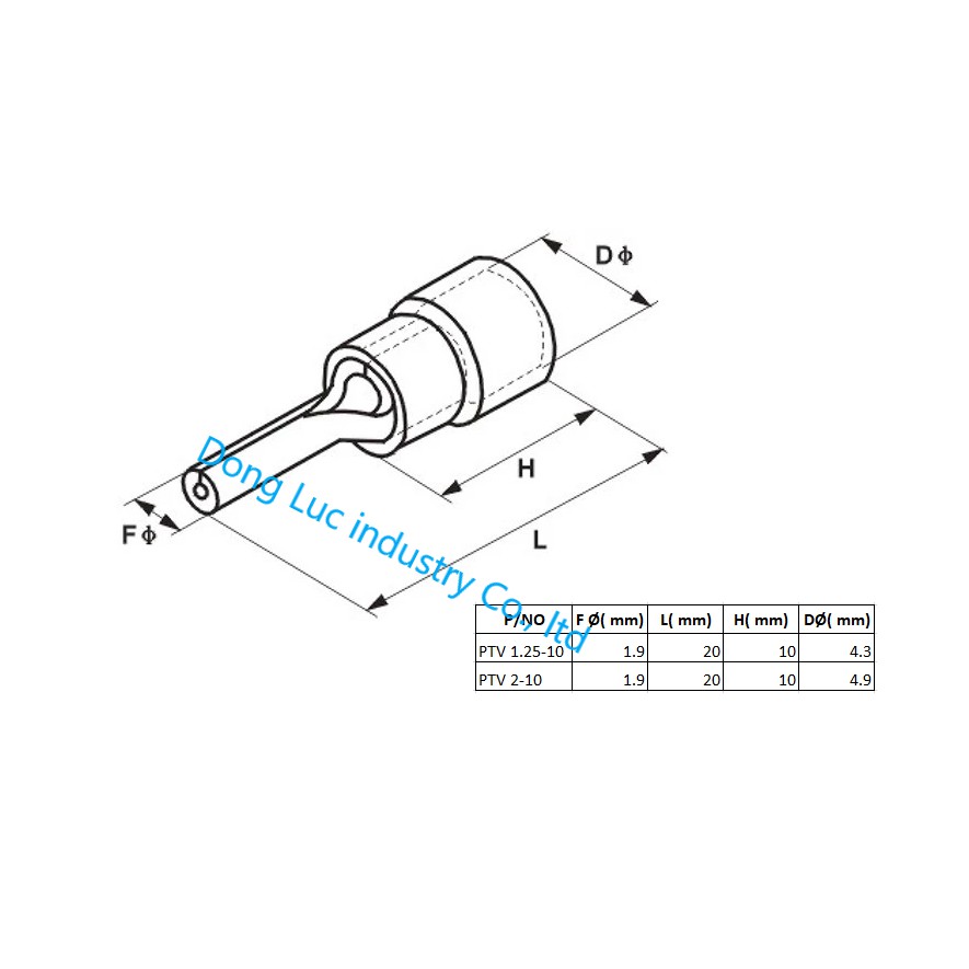 Đầu cos pin tròn đặc bọc nhựa PTV 2-10, cốt kim bấm nối dây điện 1.5mm, 2.5mm bằng đồng