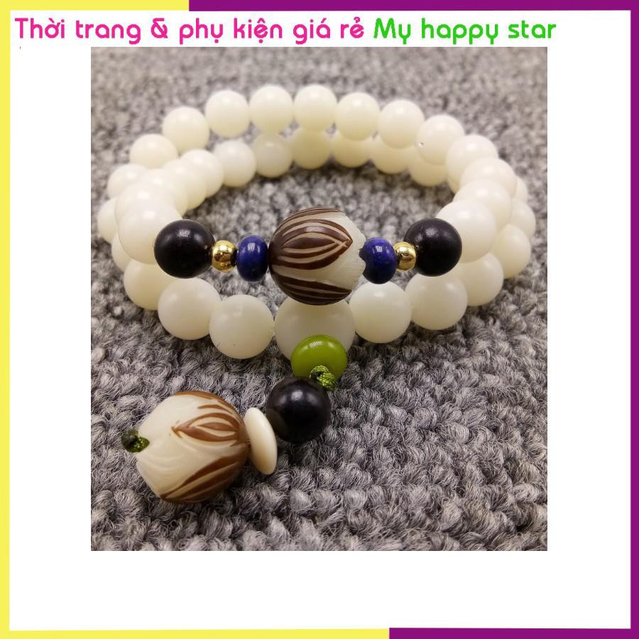 Chuỗi hạt kim cang bồ đề tự nhiên đeo tay cao cấp BĐ29 phối hoa sen và đá xanh lục (Chuỗi cuốn 2 vòng)