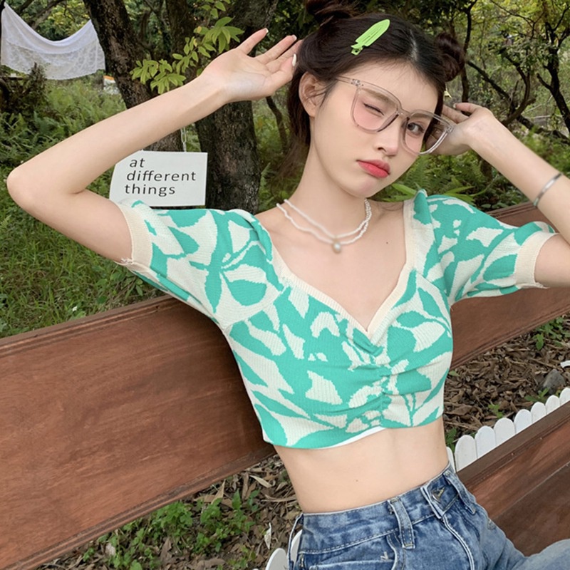 Áo Thun Dệt Kim Tay Ngắn Cổ Chữ V Dáng Ôm In Họa Tiết Kiểu Hàn Quốc Quyến Rũ Cho Nữ