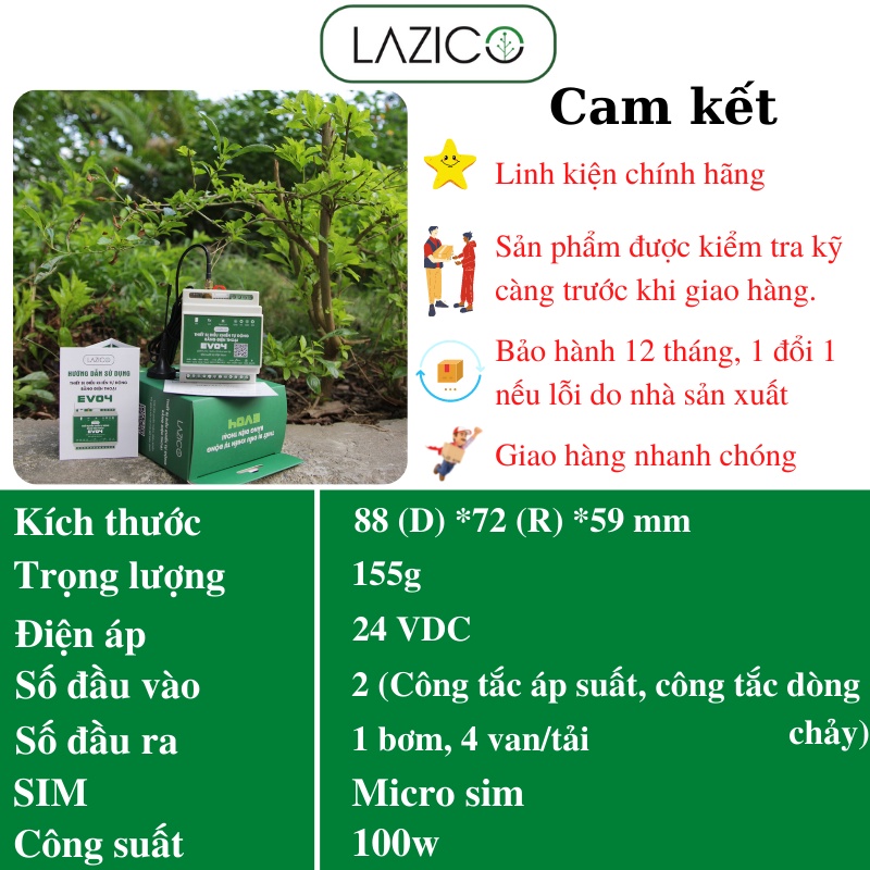 Bộ điều khiển từ xa tưới tự động qua điện thoại 1 máy bơm 4 van điện từ LAZICO EV04