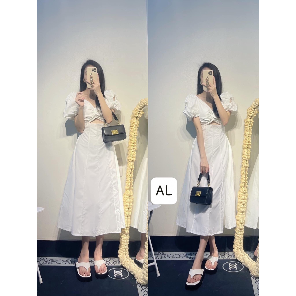 Váy maxi nữ tay bồng xoắn ngực cổ tim hở eo dáng dài đi biển du lịch ulzzang Hàn Quốc