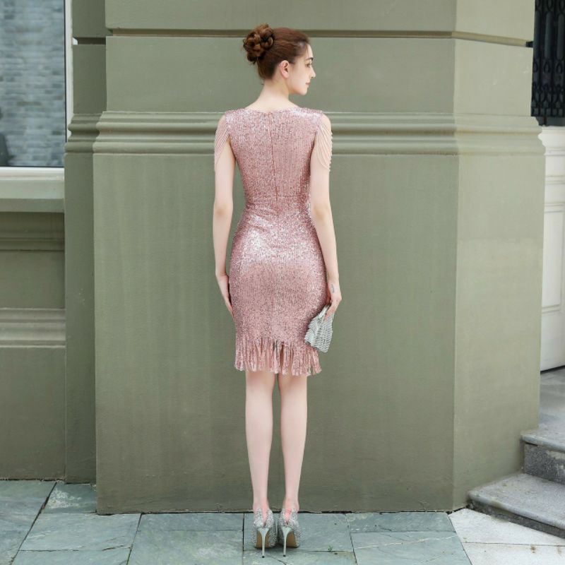 Hàng nhập - Đầm dáng ôm kim sa viền tua rua, váy body dự tiệc vai phối chuỗi hạt