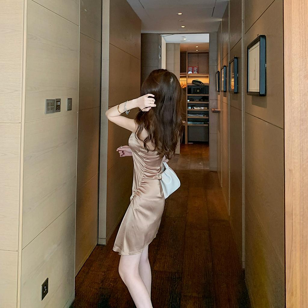 DUNEA Đầm hai dây cổ chữ V thời trang quyến rũ cho nữ