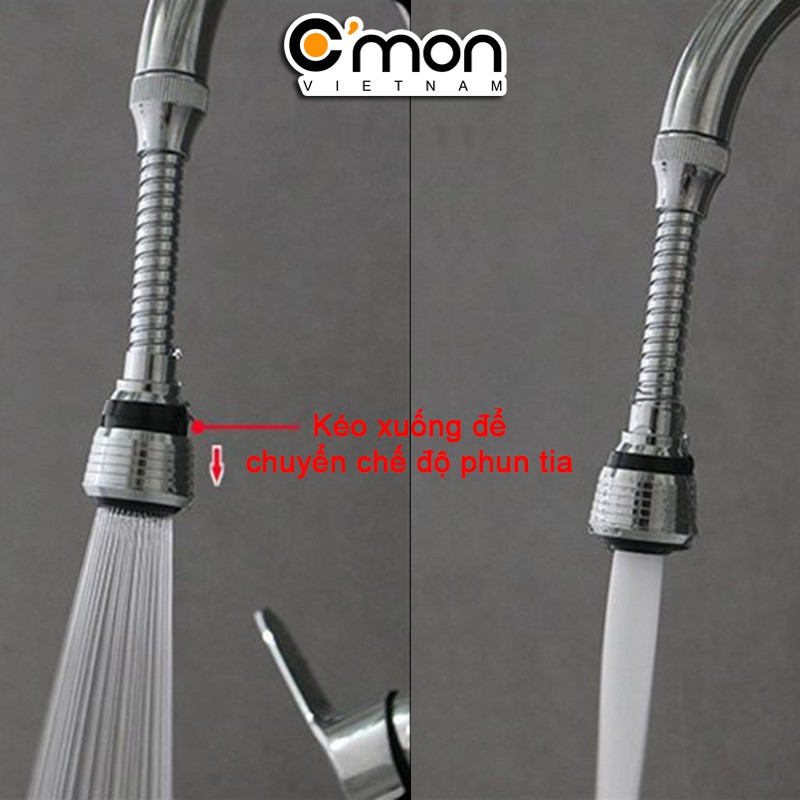 Bộ 2 đầu vòi rửa tăng áp điều hướng trục lò xo 15cm 360 độ với 2 chế độ nước C'MON DV-02 (Bạc)