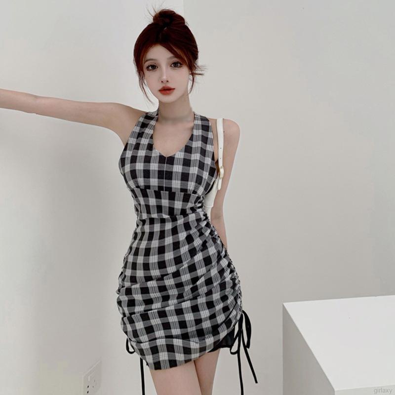 Đầm Hai Dây Cổ Chữ V Hở Lưng Họa Tiết Sọc Caro Phong Cách Hàn Quốc Quyến Rũ Cho Nữ