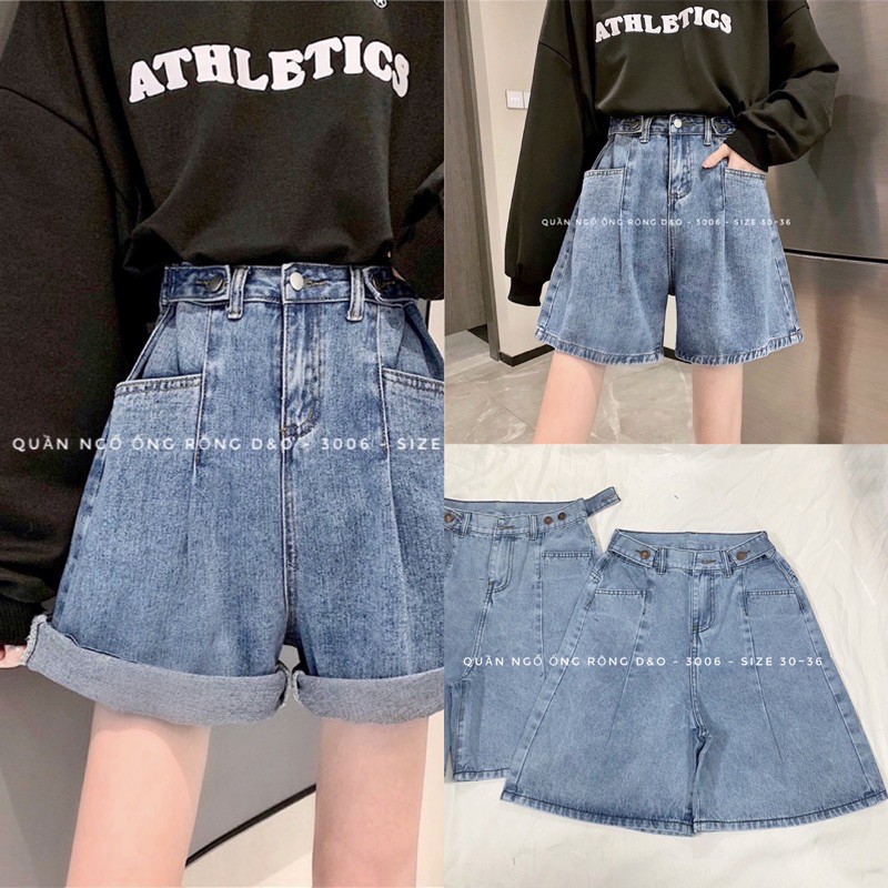 Quần Short Jean Ngố Ống Rộng BIGSIZE, Quần Ngố Lưng Cao, Quần Suông Lửng Không Giãn Xanh đá