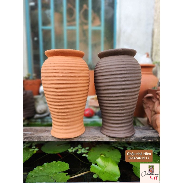 Chậu đất nung -  chậu dáng bình sọc thân miệng 14, cao 32