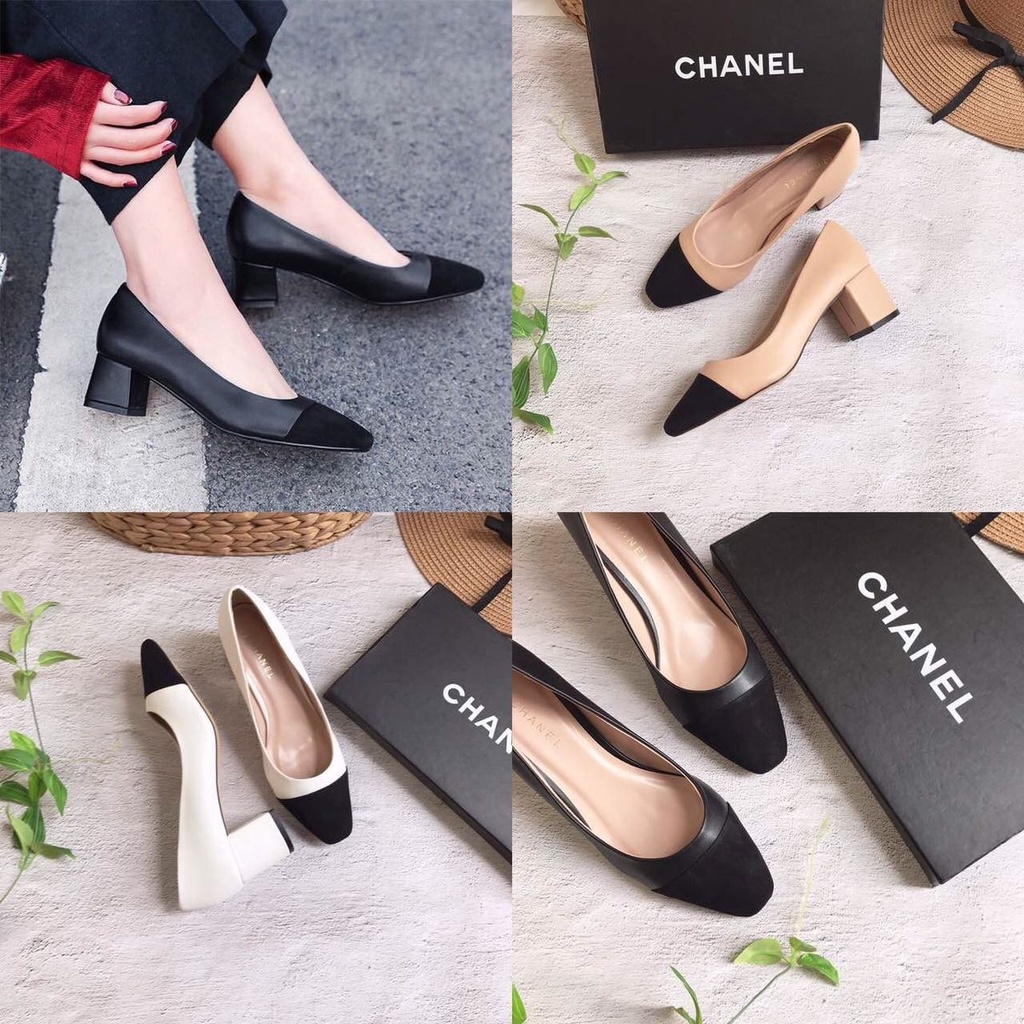 Giày gót vuông nữ phối mũi 5p vnxk CHA.NEL chất liệu si cao cấp với thiết kế phối mũi thời trang, sang chảnh.