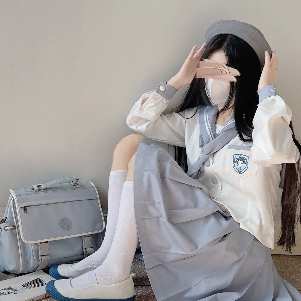 Seifuku/ Set váy đồng phục học sinh Nhật Bản Thanh Thu: áo cổ thủy thủ thêu thỏ + khăn quàng + chân váy xòe