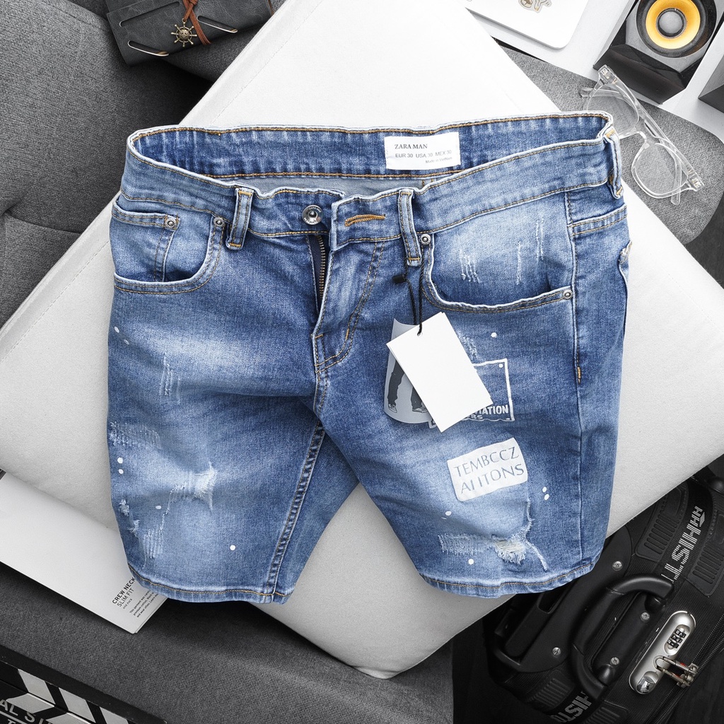 Quần Short Jean Bigsize nam màu xanh họa tiết chất bò jean co giãn slim ôm nhẹ xuất xịn