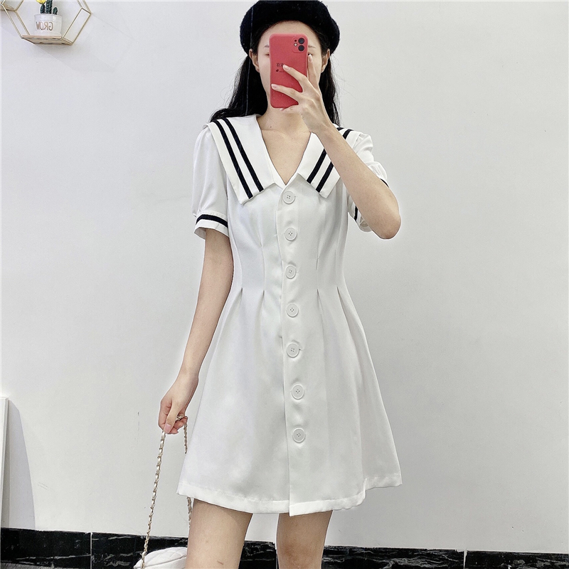 "New" Korean Version of Color Matching Navy Collar Single-breasted Dress Academic Temperament Waist Slim A- Line Skirt | BigBuy360 - bigbuy360.vn