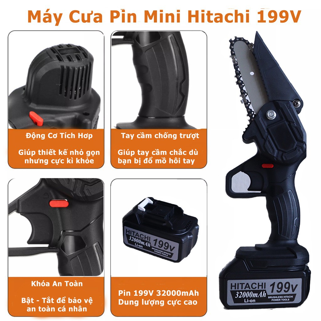 Máy Cưa Xích Pin Cầm Tay HITACHI 199V- Máy cưa xích - Cưa xích chạy pin- 2 Pin 10 cell - Lõi đồng 100%