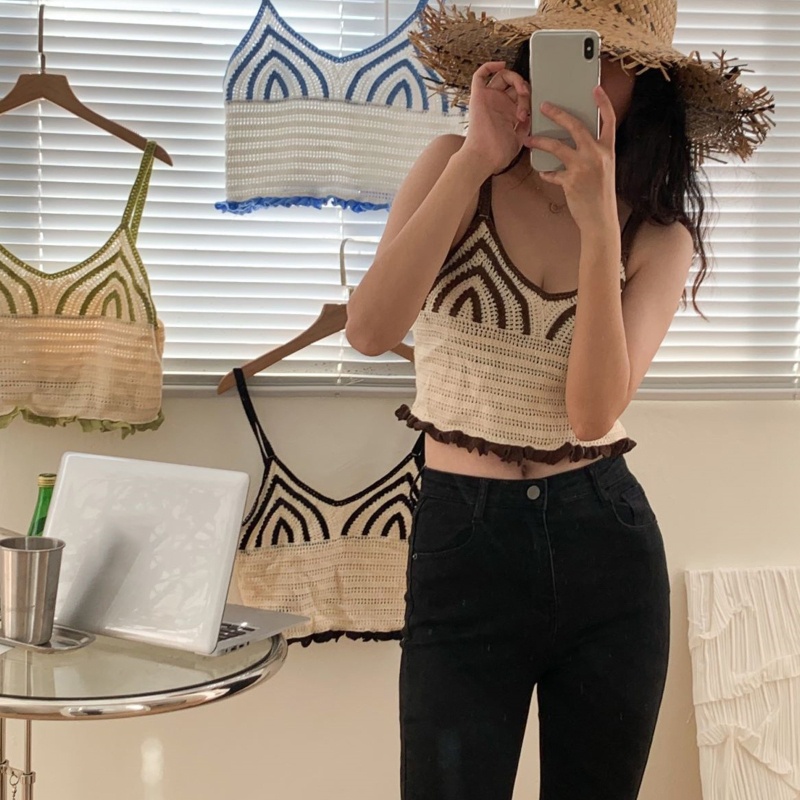 Áo Croptop Dệt Kim Hai Dây Kẻ Sọc Kiểu Vintage Đường Phố Hàn Quốc Thời Trang Mùa Hè Cho Bạn Gái