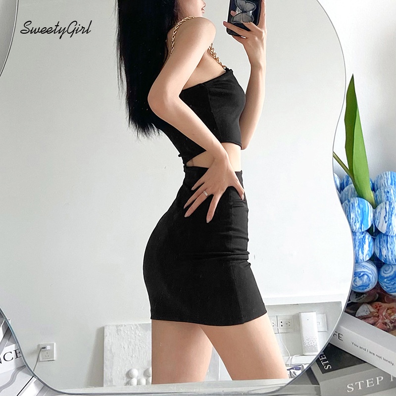 Đầm Mini Sát Nách Màu Trơn Phối Dây Xích Gợi Cảm Cho Nữ