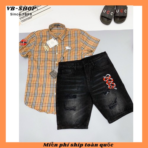 Quần short jean nam màu xám đậm thêu rắn đỏ độc lạ vải dày dặn co giãn bốn chiều cao cấp giá rẻ form regular 3398