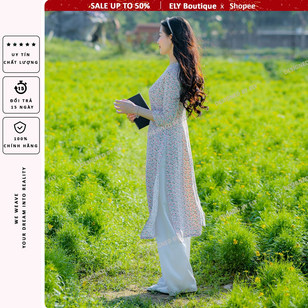 Áo dài cách tân nữ thiết kế đẹp ELY lụa in Nhật hoa nhí tà ngắn cổ kết hạt LHN03