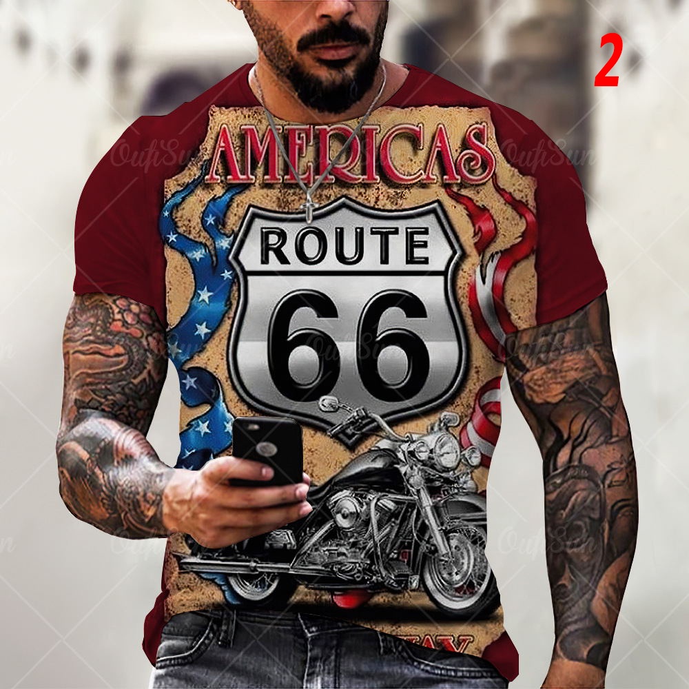 Áo thun thể thao tay ngắn dáng rộng cổ tròn in hình xe mô tô Route 66 3D thời trang cho nam giới Size XXS ~ 6XL
