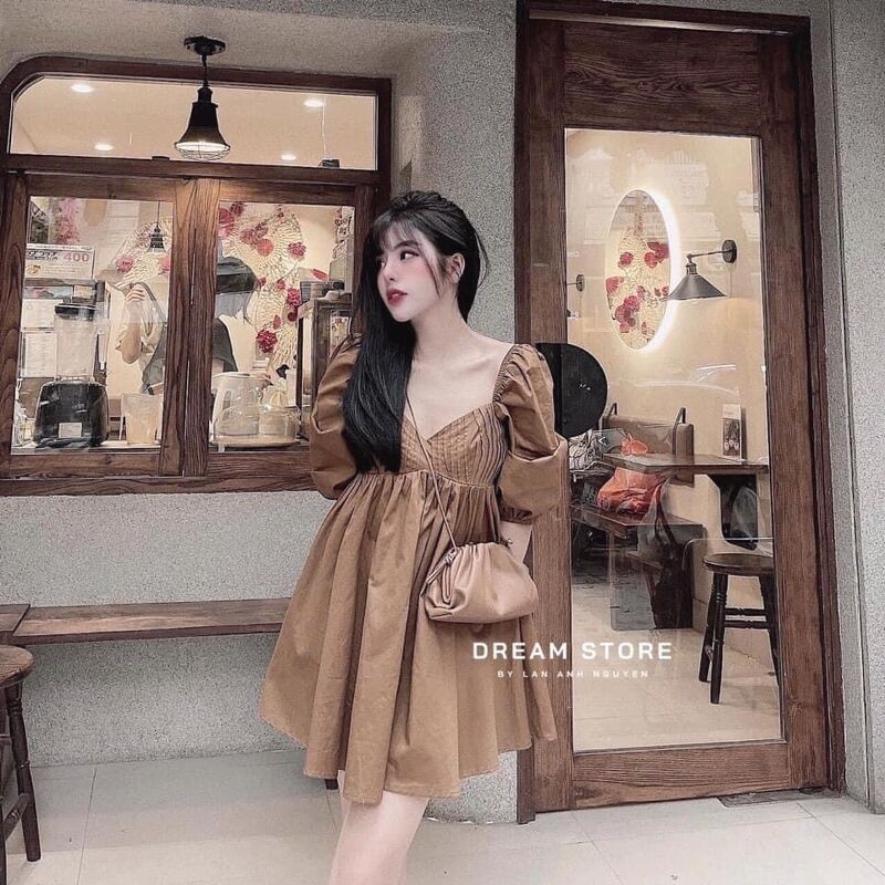 váy cổ vuông nhún ngực bo tay dáng ngắn