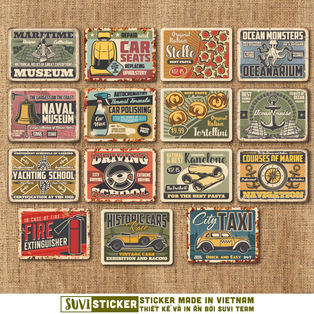 50 Sticker Vintage Metal chống nước sticker dán laptop, điện thoại, đàn guitar, mũ bảo hiểm, vali. MSP: VR18