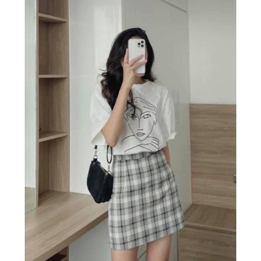 Set Đồ Nữ, Set Áo Thun Trắng Mix Chân Váy Kẻ Caro Siêu Xinh Hàng Loại 1