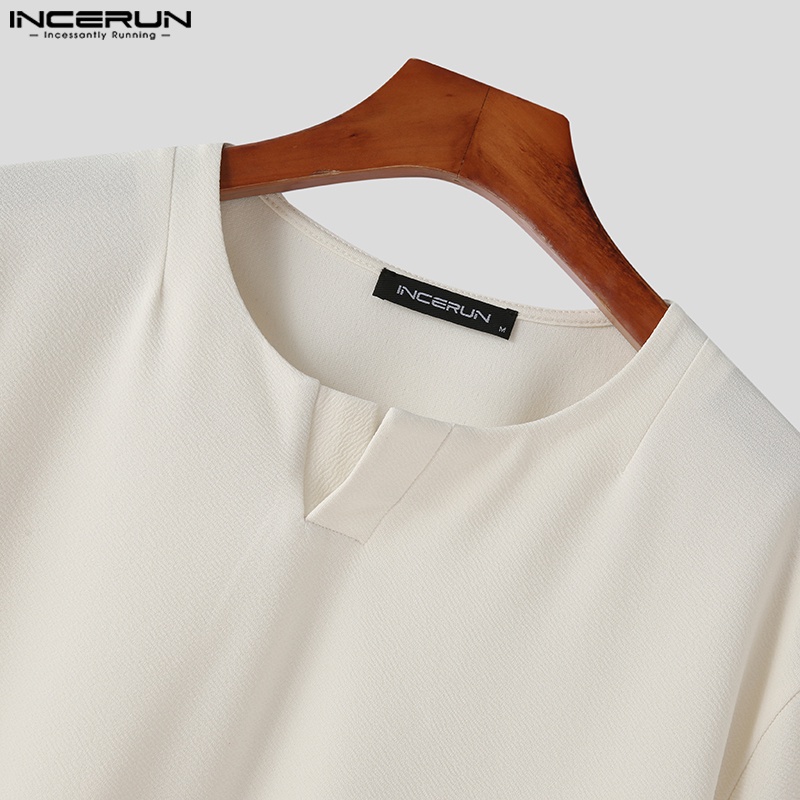 Áo thun INCERUN tay ngắn cổ xẻ chữ V màu sắc đơn giản cho nam