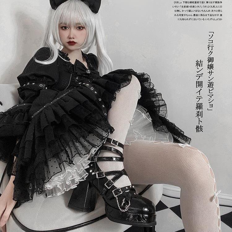 Giày Cao Gót Da Bóng Gót Dày Phong Cách Gothic Punk y2k Mary Jane Cao Cấp