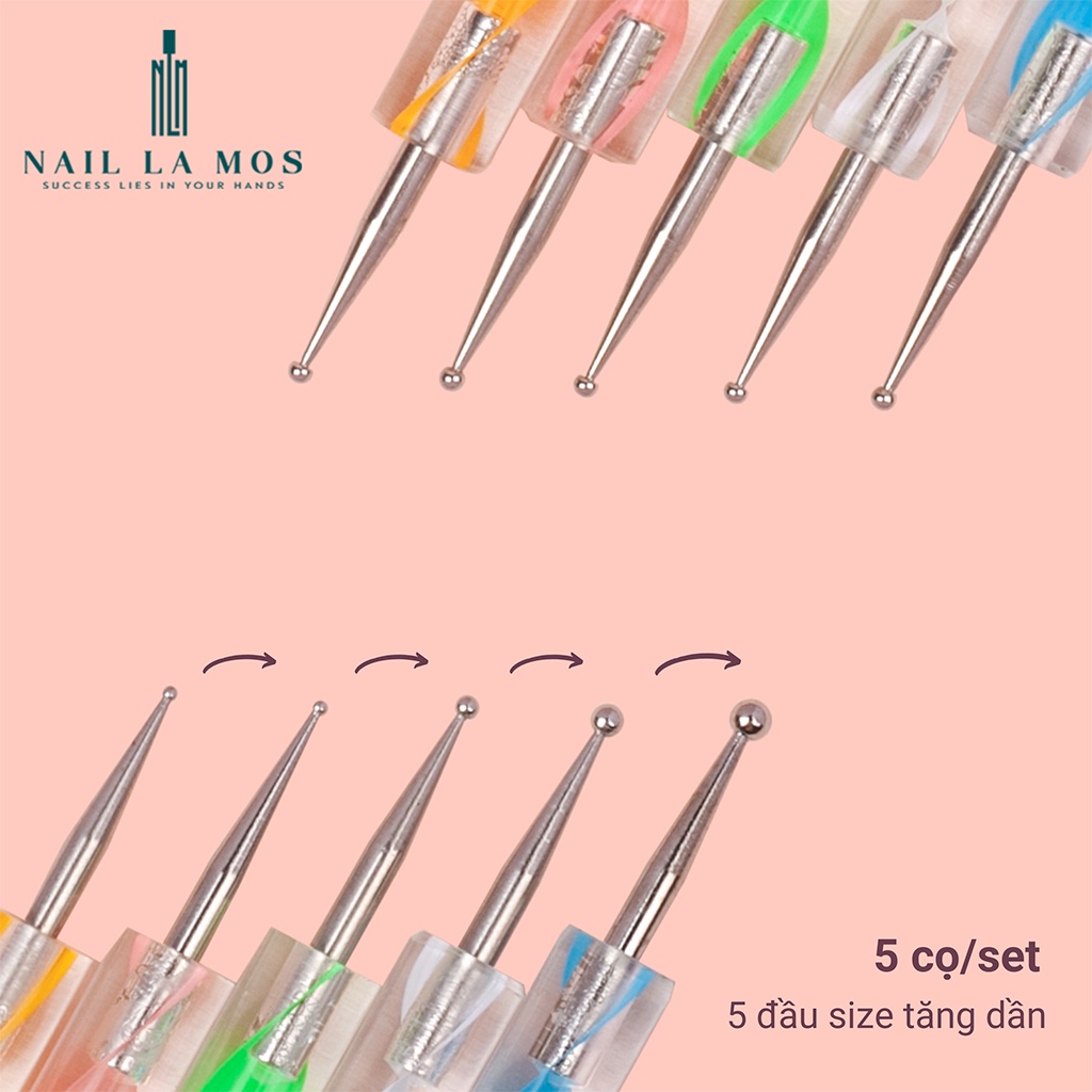 Set 5 cọ chấm bi đủ size - Bút chấm bi vẽ nail 2 đầu chuyên dụng