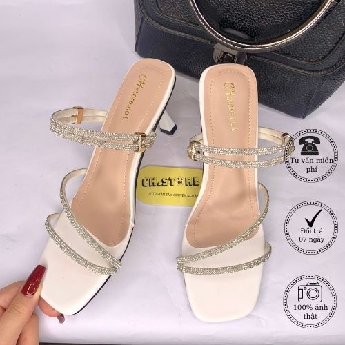 Sandal cao gót, dép nữ quai mảnh đính hạt xoàn - Mã H09