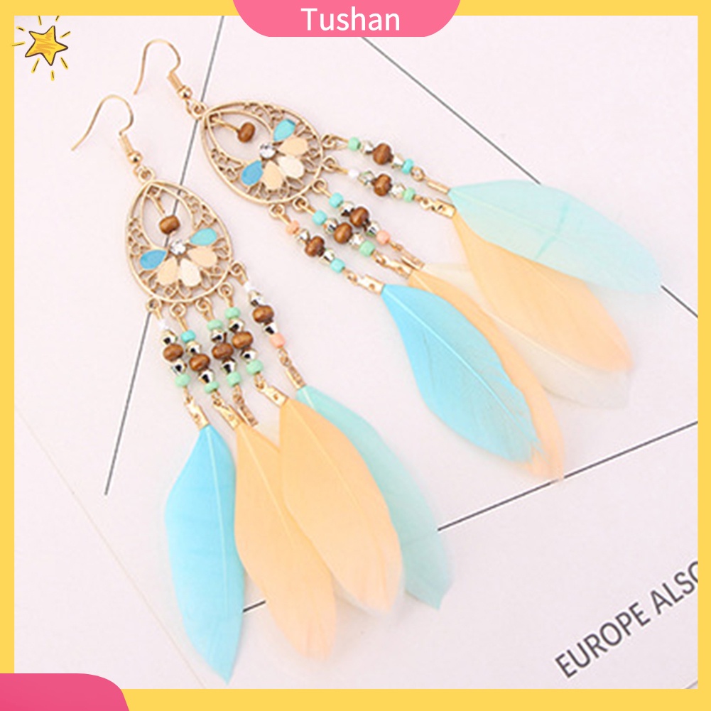 Đôi khuyên tai kiểu lưới giấc mơ phối hạt và lông vũ thời trang cho nữ