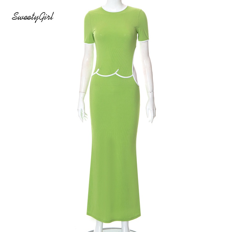 Đầm Maxi Tay Ngắn Cổ Tròn Màu Tương Phản Thời Trang 2022 Quyến Rũ Cho Nữ