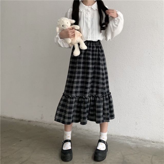 Chân váy maxi kẻ caro (sẵn màu đỏ)