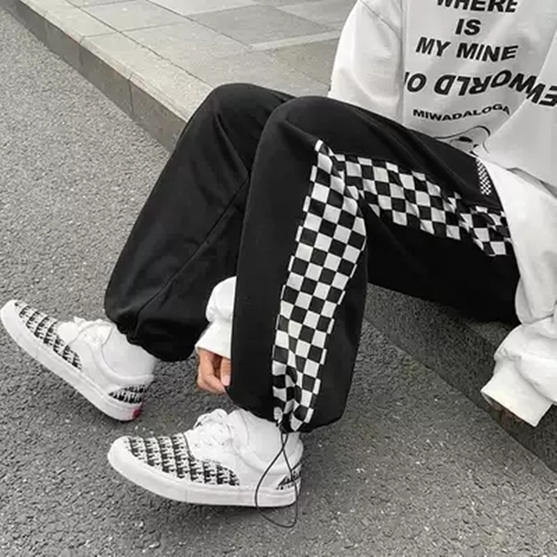 Quần thể thao NRVP lưng cao ống rộng size lớn họa tiết caro thời trang cho nam và nữ