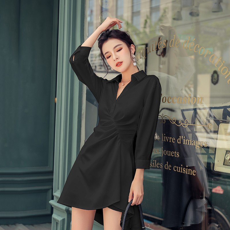 Đầm Sơ Mi Trắng Vải Voan Phối Satin Chiết Eo Dễ Thương