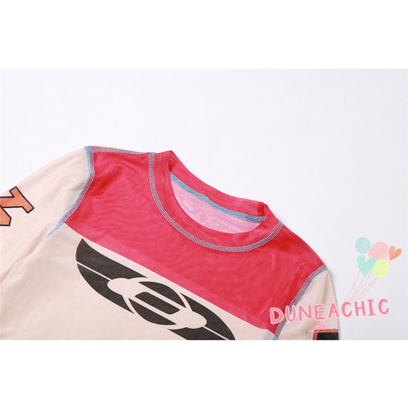 DUNEA Áo Thun Tay Dài In Họa Tiết Phối Lưới Thời Trang Cho Nữ