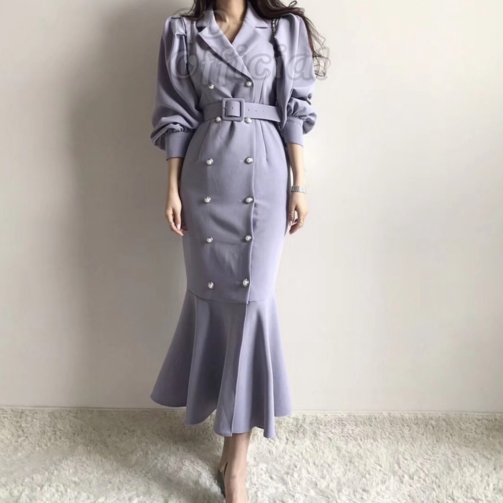 D34|Đầm nữ công sở cổ vest chữ V tay phồng kèm thắt lưng buộc eo dài dáng đuôi cá cổ điển màu xanh, tím, đen GD Official
