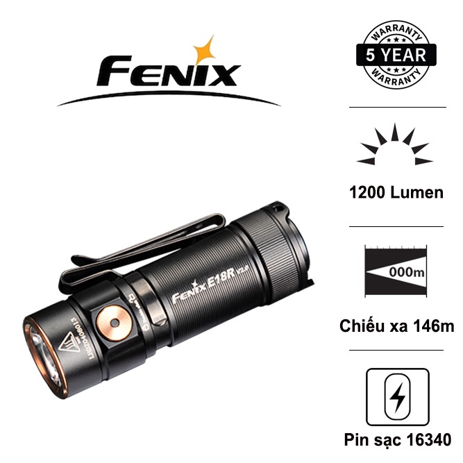 Đèn pin FENIX E18R V2.0 sáng 1200 lumen chiếu xa 146m LED Luminus SST40 pin 16340 700mAh sạc USB C