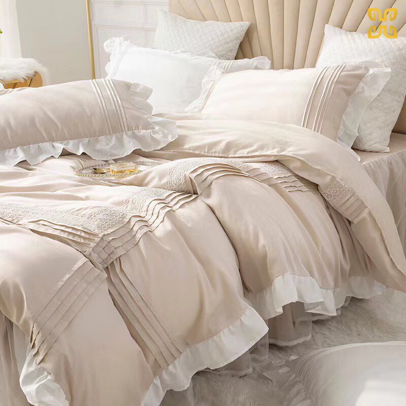 Bộ chăn ga gối cotton lụa bèo nhúm siêu xinh- Chăn ga gối bèo nơ chùm giường cao cấp hàng nhập khẩu