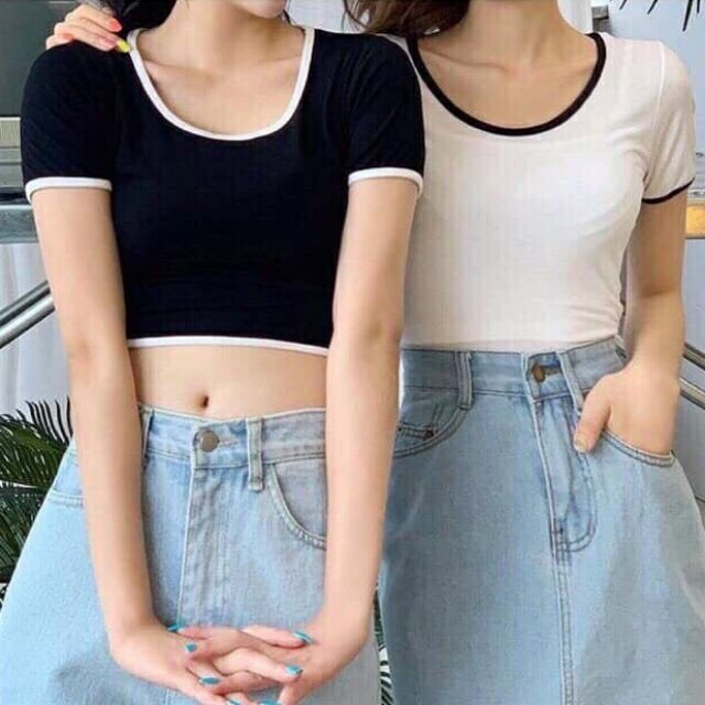 Áo Croptop phối viền Tay Ngắn Cổ U - HÌNH THẬT VIDEO
