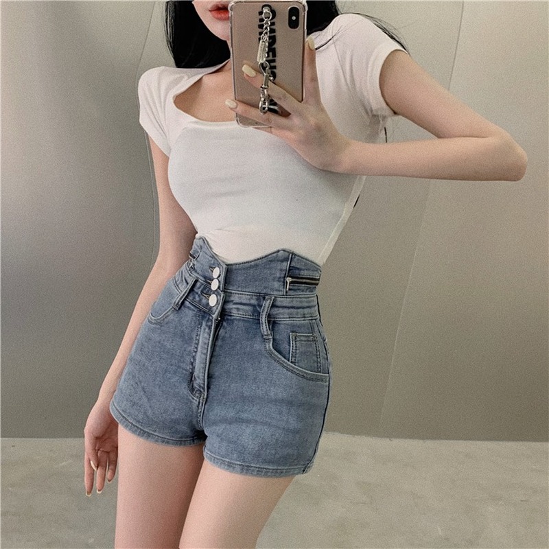 Quần Short Jeans Lưng Cao Ống Rộng Cá Tính Cho Nữ