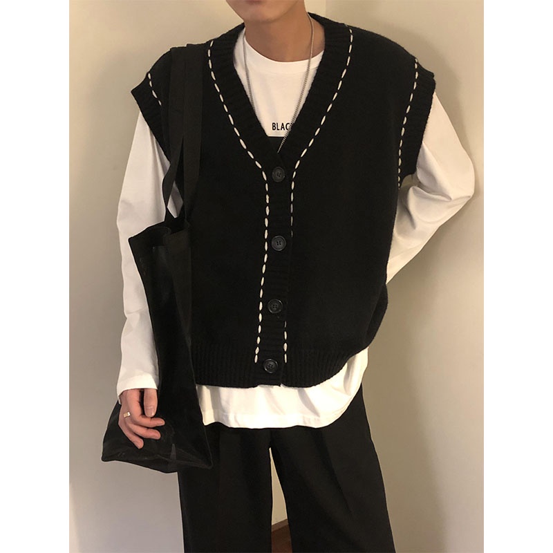 Áo Khoác Len Cardigan Sát Nách Màu Đen Kiểu Retro Nhật Bản Cá Tính Cho Nam