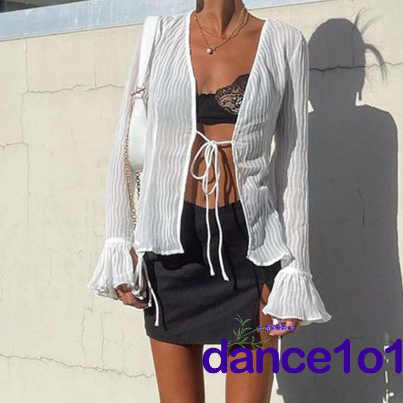 ♥DJ❥Women Long Sleeve Deep V Neck Solid Color Tops