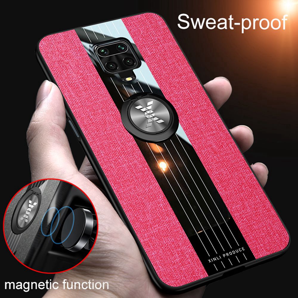Fashion Woven Cloth Casing Xiaomi Poco M2 Pro Soft TPU Cover Magnetic Car Finger Ring Holder Back Case