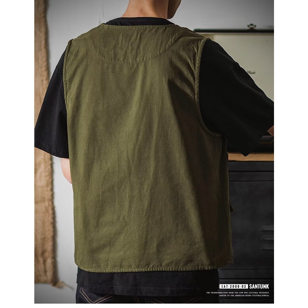 Áo Khoác Cotton Không Tay Phối Túi Cá Tính Theo Phong Cách Retro Nhật Bản Dành Cho Nam