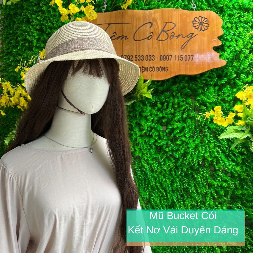 Mũ Bucket cói kết nơ vải duyên dáng