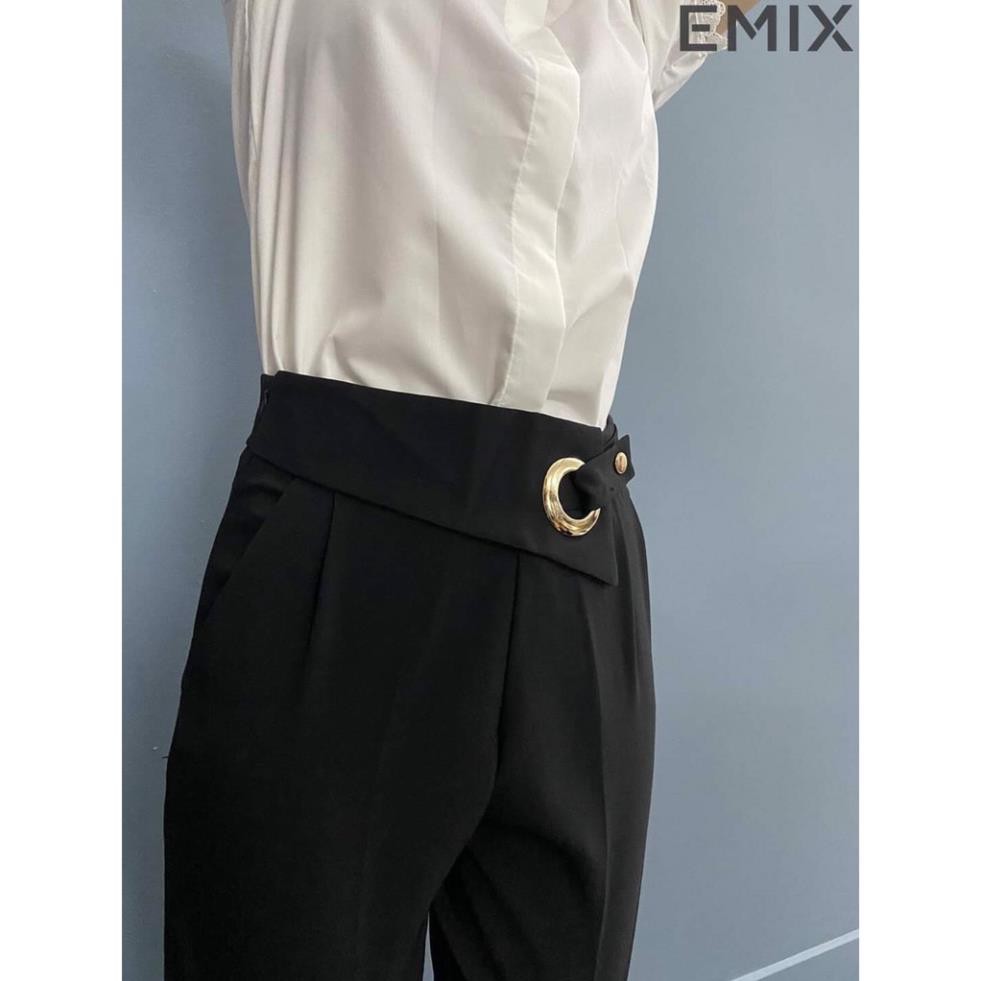 Quần baggy nữ cạp cao khoen tròn cúc lệch quần tây nữ công sở chất tuyết mưa thời trang Banamo Fashion 8320