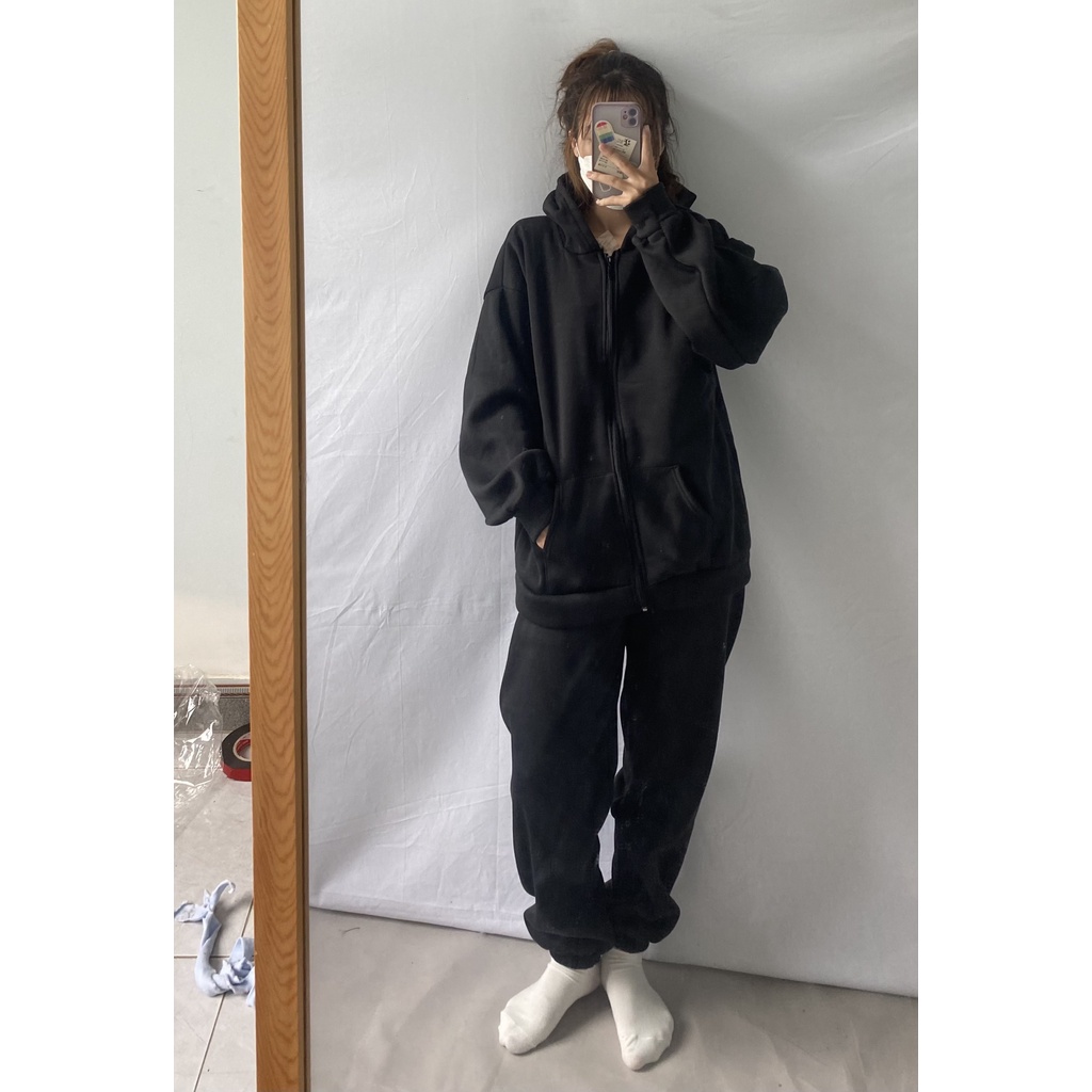 Set Bộ Nỉ Áo Khoác Quần Dài Set Bộ Nỉ Ngoại Tay Phồng Form Rộng Phong Cách Ulzzang Basic [Ảnh Thật]