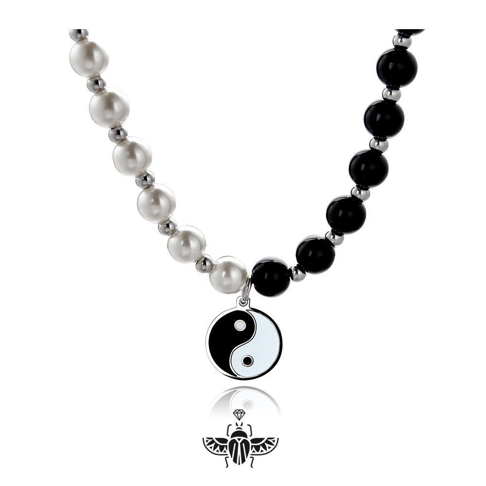 Vòng Cổ Tròn Bằng Thép Không Gỉ Không Phai Màu Và Giặt Được Phong Cách Ins taiji gossip Thương Hiệu Đính Hạt Ngọc Trai Đen Trắng Phong Cách hip hop