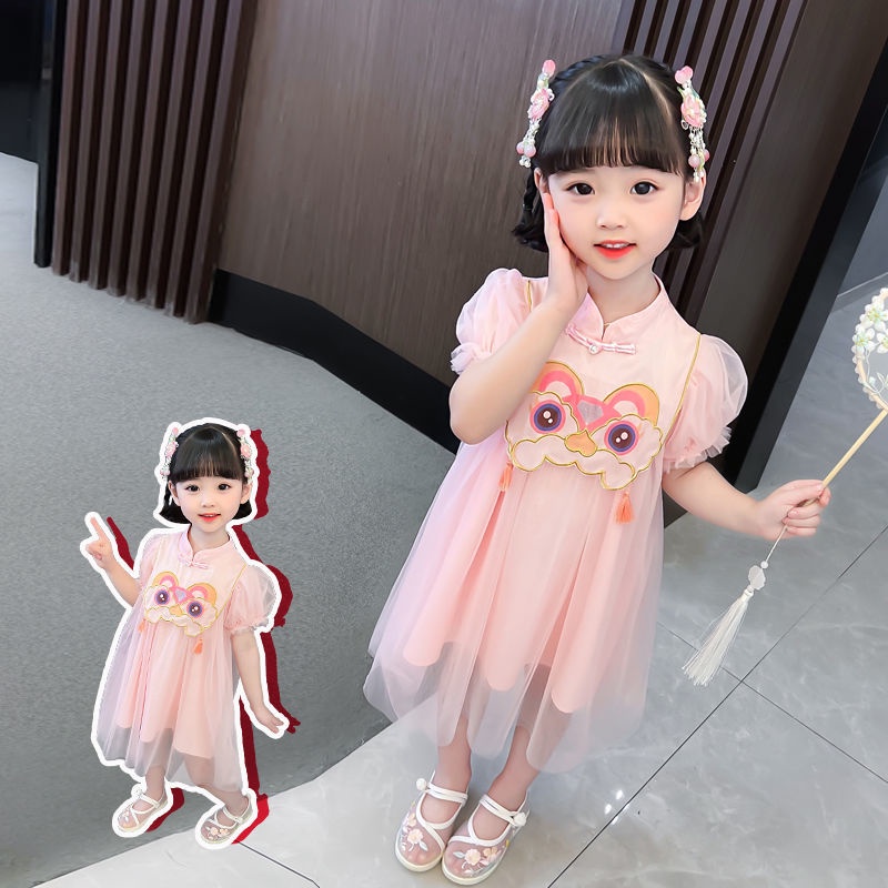 Đầm Công Chúa Hán Phục Tay Ngắn Phối Lưới In Hoạt Hình Kiểu Trung Hoa Thời Trang Mùa Hè 2022 Cho Bé Gái