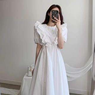 Đầm cotton maxi trắng cổ tròn phối viền ren bèo ngực tay lỡ